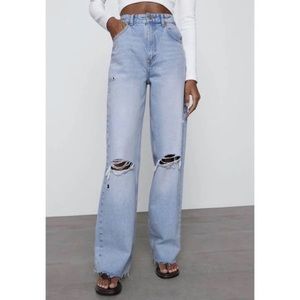 Zara High Waist Wide Leg Raw Hem Distressed Jeans